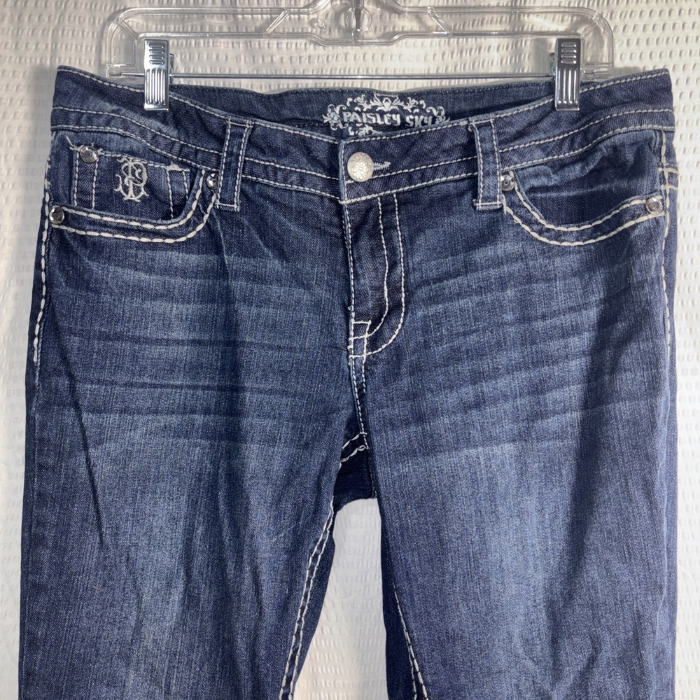 Paisley Sky Womens 12 Dark Wash Bootcut Stretch Flap Pockets Denim Blue Jeans